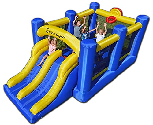 Island Hopper Racing Slide and Slam Inflatable Bounce House – Dual Slides, Climbing Wall & Basketball Hoop for Fun – Jumper with Durable PVC Build – Outdoor/Indoor Bounce House